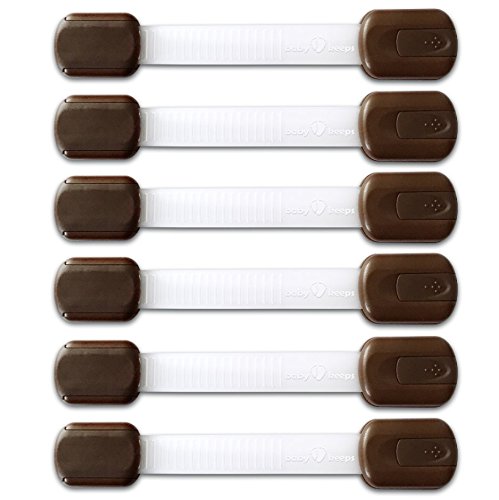 BabyKeeps Adjustable Child Safety Cabinet Locks - Latches to Baby Proof Cabinets, Drawers, Fridge, Oven, Dishwasher, Toilet Seat - No Drilling - Extra 3M Adhesive Included - 6 Pack, Brown/Clear