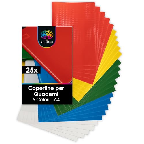 OfficeTree 25x Copertine Quaderni Colorate A4-5 Colori - Effetto Rafia incl. 25 Etichette - Copertine Quadernoni Colorate per Scuola e Ufficio - Fodere Quadernoni Elementari - Copertine A4 Colorate