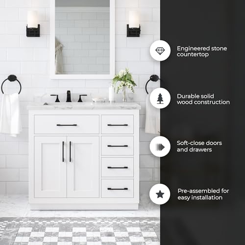 Image of OVE Decors Athea 36 in. Single Sink Freestanding White Bathroom Vanity with White Engineered Marble Top, Matching Backsplash, Power Bar and Matte Black Hardware