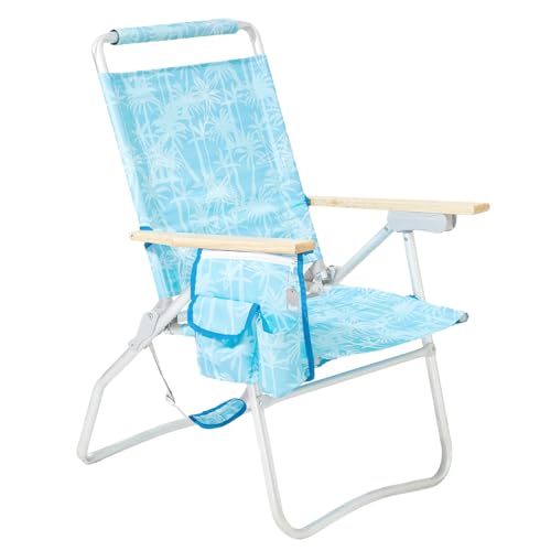 #WEJOY High Back Beach Chair, 4 Position Adjustable Heavy Duty Aluminum Folding Backpack Camping Chairs with Wooden Armrest, Storage Bag & Cup Holders for Outdoor Travel Fishing (Blue White)