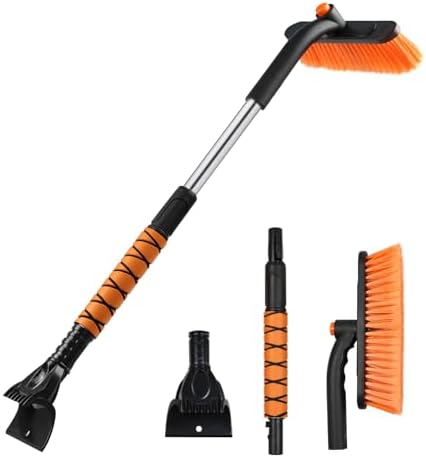 33″ Extendable Snow Brush and Ice Scraper for Car Windshield, 2-in-1 Car Snow Brush & Ice Scraper with 360° Pivoting Brush Head and Comfortable Foam Grip for SUV Trucks Sedans,Orange ﻿