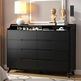 Dresser for Bedroom with 8 Drawers, 55" Large Dresser & Chest of Drawers with Charging Station, Wood Closet Clothes Storage Tall Dressers Organizer for Bedroom Living Room Hallway-Black
