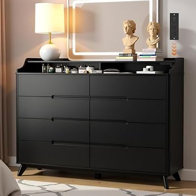 Dresser for Bedroom with 8 Drawers, 55" Large Dresser & Chest of Drawers with Charging Station, Wood Closet Clothes Storage Tall Dressers Organizer for Bedroom Living Room Hallway-Black