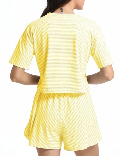 Image of Split Short Pajama Set Soft Women's Striped Pajama Sleeve Tee & Elastic Waist Shorts Lounge Sleepwear Yellow