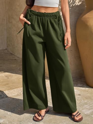 Fisoew Womens' Wide Leg Pants Casual Low Rise Loose Drawstring Elastic Waisted Cotton Fall Pants Army Green - image 2