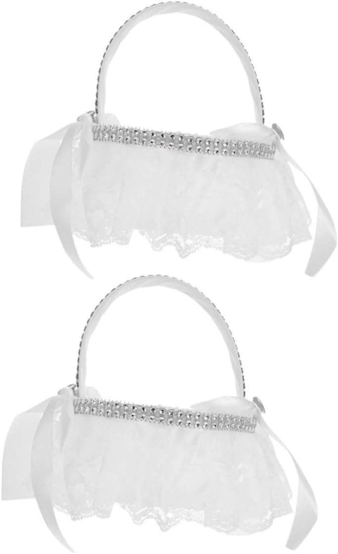 2pcs Lace Wedding Flower Girl Baskets with Bowknot, Small Delicate Flower Scattering Basket for Wedding Ceremony Decoration