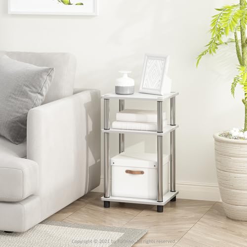Image of Furinno JUST Side Table Set of 2, 3-Tier Modern End Tables, Toolless Assembly Night Stand, Nightstand, Toolless Assembly, for Living Room, Bedroom, White Oak /Stainless Steel