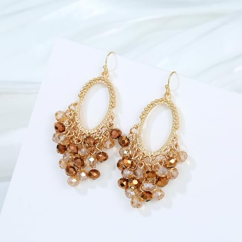 Gold/Silver Oval Shape Dangle Earrings with Colorful Tier Beads, Vintage Handmade Geometric Drop Earrings with Crystal Beads Cluster Jewelry Gift for Women2