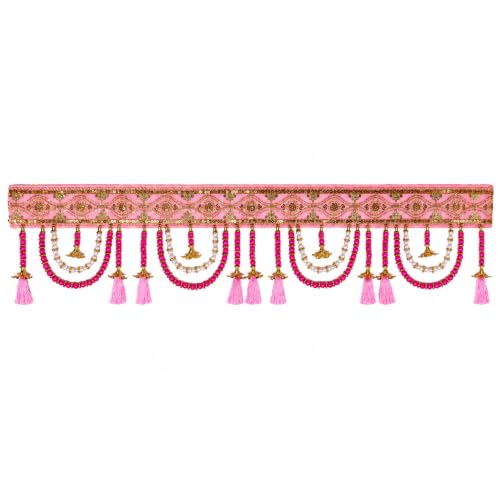 Image of ONESTA Premium Pink Decorative Door Toran for Main Door | Handmade Traditional Bandarwal with Pearl Beads Golden Bells & Tassels | Festive Door Hanging for Diwali Wedding Housewarming Navratri & Home Decor 3 Feet (Size 36 Inch Pack 01)
