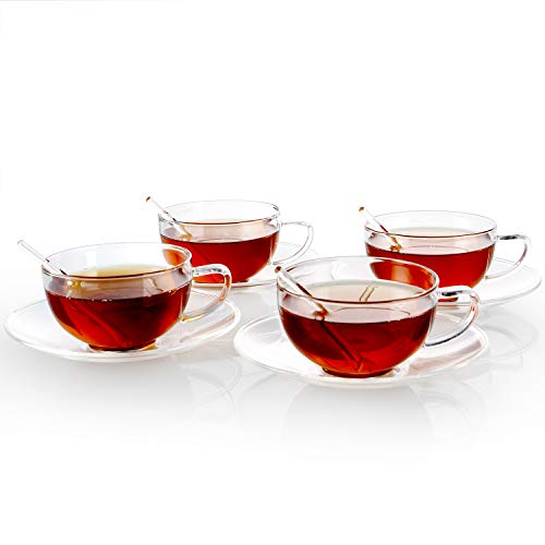 Teabloom Kyoto Teacup And Saucer Set 4-Pack – Standard Teacup Size – 6 Oz/ 180 Ml Capacity – Crystal Clear Design –– Healthful Premium Borosilicate Glass – Heat Resistant, Microwave Safe #TOP3