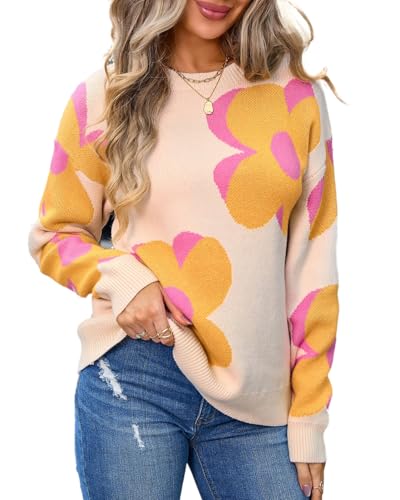 Image of Women's Long Sleeve Crewneck Floral Sweater Fall Casual Cute Oversized Knitted Pullover Jumper Top