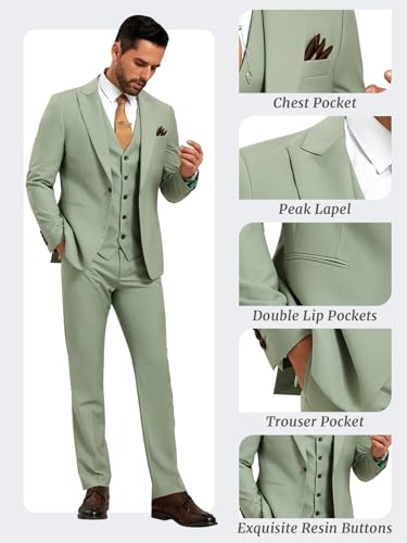 Men's 3 Pieces Slim Fit Suit Solid One Button Formal Single Breasted Blazer Vest Pants Tuxedo Set for Prom2