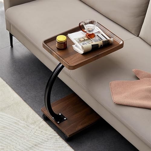 Table d'appoint de canapé avec roulettes en métal noir et bois