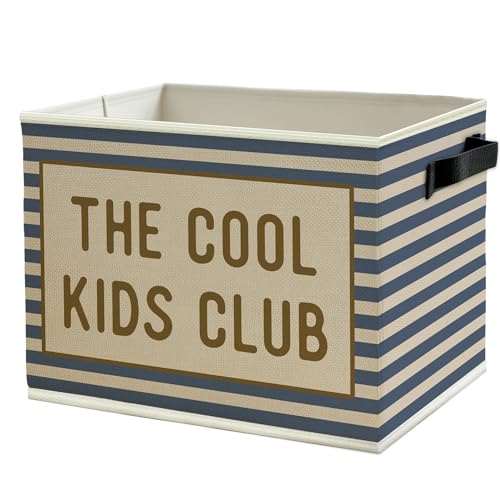 Image of Blue Striped Kids Storage Bins Box with Handles, the Cool Kids Club Collapsible Basket Organizer for Classroom Boys Girls Room Bedroom Nursery Playroom Books Clothes