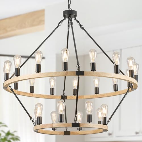 Image of Natural Wooden Wagon Wheel Chandelier 24-Light 43.3 inch Light Fixture