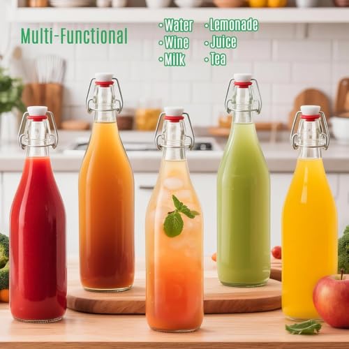 Image of Glassbunny 500ml Borosilicate Glass Water Bottles with Airtight Cap, Clear, Swing Top Flip Top Bottles for Fridge, Leak Proof, Reusable, BPA Free, Pack of 4