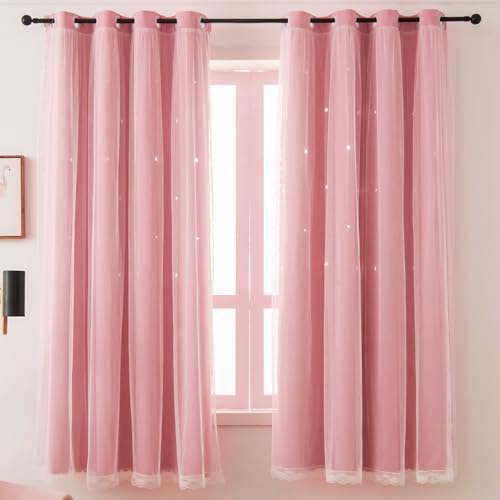 Image of Pink Blackout Curtains for Girls Room 84 Inches Long Cute Star Cutout Decor | Nursery Curtains & Drapes Double Layer Room Darkening Tulle Lace 2 Panel Kids Baby Thermal Bedroom Window Treatments Cortinas