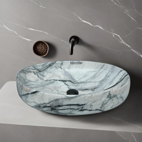 Image of Designer Counter Top Wash Basin | Tabletop Ceramic Bathroom Sink | Wash Basin Over Counter | Wash Basin For Bathroom, Living Room (24 x 15 x 6 Inch) (Glossy Off-White N Black Strip)