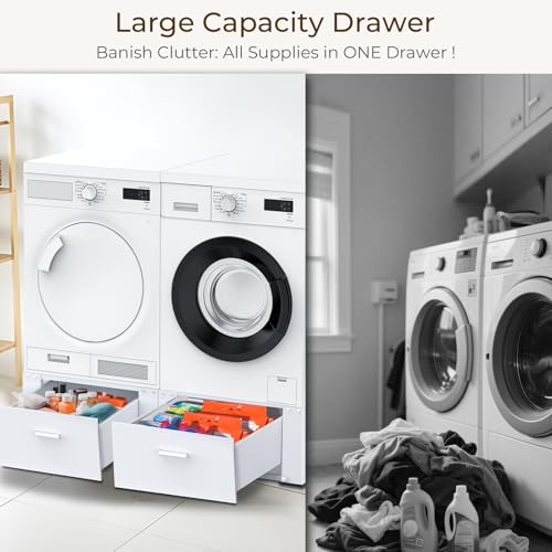 Image of SKM Washer and Dryer Pedestal with Drawer, Laundry Pedestal for Washer and Dryer Stand, Heavy Duty Steel Washing Machine Stand Height Raiser (2, white, 28 inch W x 29 inch D x 14 inch H)