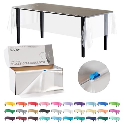 Image of Party Solids 60 Inch X 300 Feet Clear Plastic Table Cover Roll in A Cut - to - Size Box with Convenient Slide Cutter. Cuts Up to 36 Rectangle 8 Feet Plastic Disposable Tablecloths