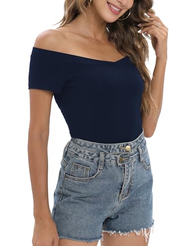Image of Sarin Mathews Womens Shirts Off The Shoulder Tops Sexy V Neck Slim Fit Shirts Tops Blouses