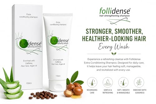 Image of Follidense Hair Strengthening Shampoo 150ml | Extra Conditioning Formula with Caffeine, Aloe Vera & Argan Oil | Nourishing Daily Care for Smooth, Healthy-Looking Hair | Suitable for Men & Women