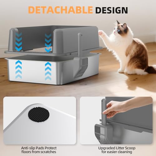 Image of WoofiGo Enclosed Stainless Steel Cat Litter Box with Lid, XL Extra Large Litter Box for Big Cats, Metal Litter Pan High Sided, Never Absorbs Odors, Anti-Urine Leakage, Include Scoop (65-LightGray)