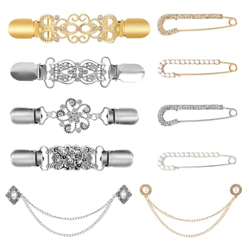 Image of 10 Pcs Vintage Sweater Shawl Clips Pearl Brooch Sweater Shawl Safety Pins, Women Brooch Pins Sweater Shawl Clips Faux Crystal Pearl Brooches Cardigan Collar Holders Vintage Sweater Shawl Chain Clips (Silver and Gold)
