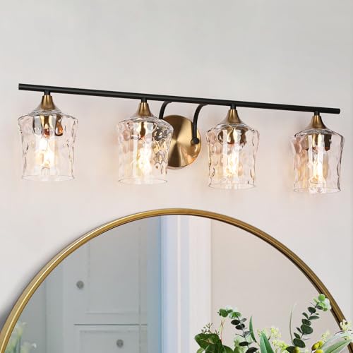 Image of KSANA 28 inch Large Bathroom Vanity Lights, 4 Light Mid-Century Modern Vanity Light with Textured Glass Shade Black and Electroplated Brass Bathroom Light Fixtures for Hallway, Entryway