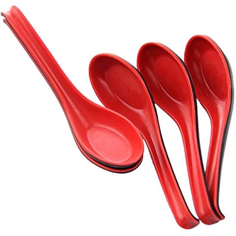 Xrten 5 Pcs Chinese Red and Black Melamine Noodle Soup Spoons with Long Handle (17 x 4 x 1.2cm) Cover