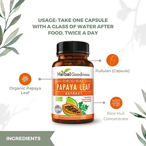 Herbal Goodness Papaya Leaf Extract Digestive Enzymes - 10X Strength 60/600mg Veg Capsules- Blood Platelet, Bone Marrow & Spleen Support, Immune Gut & Super Digestive Health - Made in USA