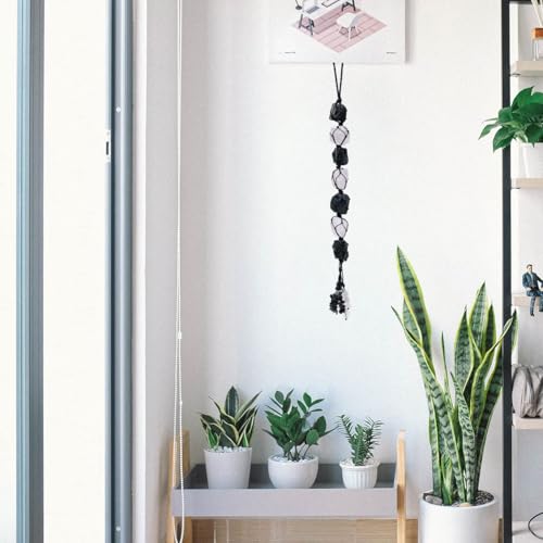 Image of Runyangshi Natural Crystal Black Tourmaline&Clear Quartz Rough Stone Hanging Ornament with Chip Stones Tassels Reiki Healing Meditation Energy Balance Yoga Home Decor Gift