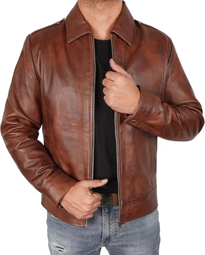 Image of Vintage Leather Jacket Men - Real Lambskin Turndown Collar Mens Leather Jacket