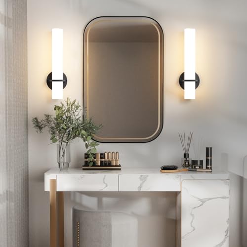 Image of AIJIASI Wall Sconce Light - 15 inch Modern Black Bathroom Light Fixtures Wall Sconces Set of Two Dimmable LED Sconce Lighting, 15W 3000K Wall Light with Acrylic Shade for Bedroom Stairway Living Room
