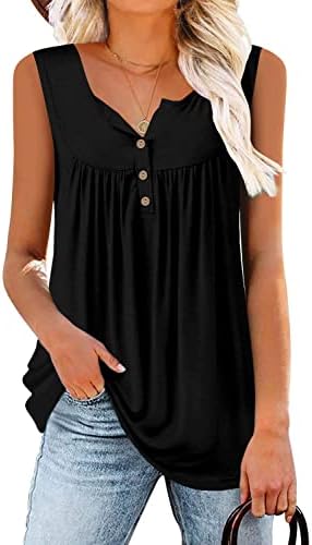 Mystry Zone Women's Sleeveless Henley V Neck Pleated Casual Flare Tunic Blouse Shirt Black X-L