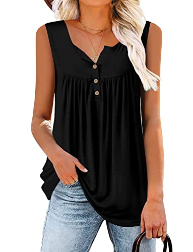 Mystry Zone Women's Sleeveless Henley V Neck Pleated Casual Flare Tunic Blouse Shirt Black X-L #TOP1