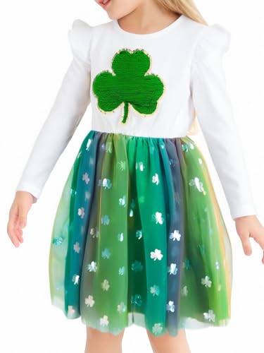 Toddler Girls St Patricks Day Dress Lucky Shamrock Tutu Tulle Dress Green Sequins Ruffle Sleeve Birthday Party Little Girl Dresses 4t 5t