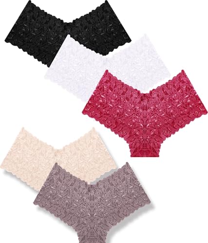 Image of ALL OF SHE Sexy Underwear Panties for Women Cheeky V Waist Lace Boyshorts Lingerie Plus Size Underwear Gift Wife Women 5 Pack