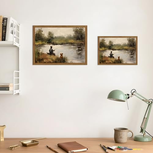Image of Vintage Wall Art, Boy Fishing Wall Decor Paintings, Dog and Boy Landscape Canvas Prints Vintage Country Farmhouse Artwork for Bedroom Living Room 24x16 inch Wood Framed