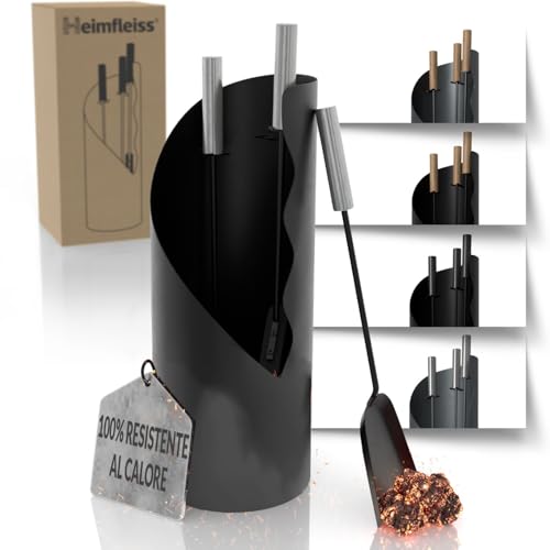 Heimfleiss® Set Camino Nero Moderno | Attrezzi per Camino Set Camino | Kit Camino di Qualità con Attizzatoio, Spazzola-Paletta | Accessori Camino con Manici Argentati