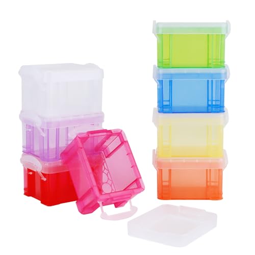 HMIEPRS 8Pcs Small Plastic Storage Boxes, Mini Color Storage Containers with Snap, Clear Organizer Boxes with Lid Stackable for Small Craft Items Jewelry Desk Kitchen Bedroom Office Storage