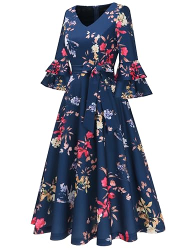 Image of DRESSTELLS Women's Cocktail Dress Summer Wedding Guest Party Vintage 3 /4 Bell Sleeve V Neck A-Line Dress
