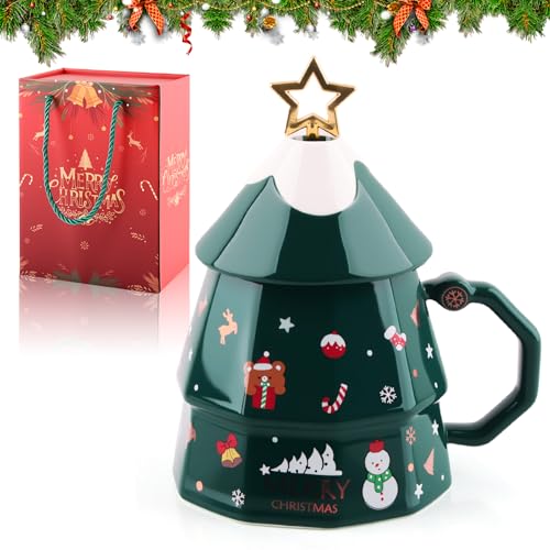 QIANAI Tasse en Céramique, Mug de Noel, Coffret Cadeau Christmas Cup, Grande Tasse Noël en Céramique, Sapin Noel 3D Christmas Mug, avec Couvercle et Cuillère, Cadeau de Noël (B)