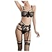 Produktbild Chlry Frauen Körpersprache 3 Stück Strumpfband Set Sexy Blumenstickerei Spitze Sling BH Tanga Erotik Dessous Set Mesh Hollow Lingerie Unterwäsche Nachthemd Negligee Babydoll String Reizwäsche