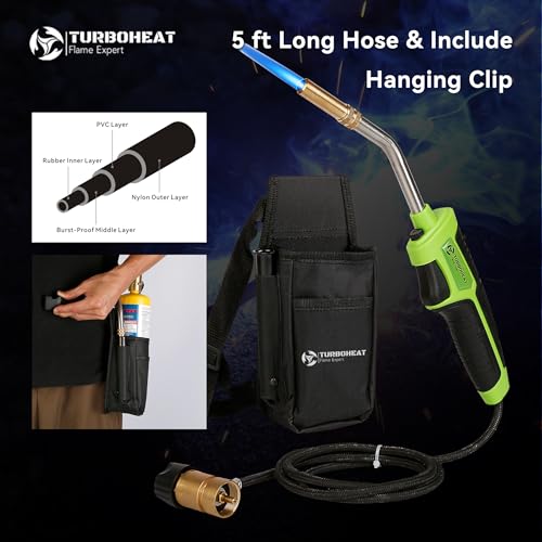 TURBOHEAT Propane Brazing Torch Kit with Holster Mapp Map Gas Torch Gun Head 5 ft Long Hose Trigger Start Propane Torch Head with Igniter Soldering Gun for Welding Turbo Flame Blow Torches