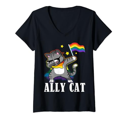 Womens Funny Ally Cat Dabbing Cat LGBTQ Gay Pride Flag Rainbow Kids V-Neck T-Shirt