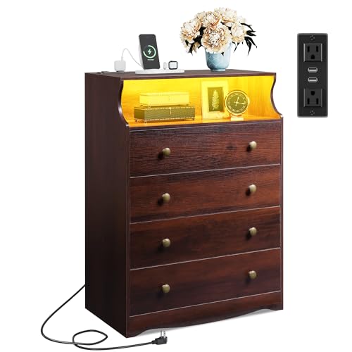 WLIVE LED Dresser for Bedroom, Tall Wood Dresser with 4 Drawers and Open Shelf, Chest of Drawers with Charging Station and LED Lights for Living Room, Hallway, Closet, Rustic Brown