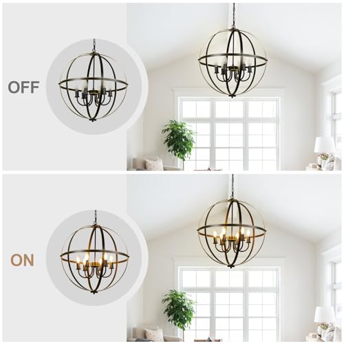 DLLT 6-Light Orb Chandelier, Black and Gold Globe Pendant Lights, Industrial Sphere Pendant Lighting Over Island, Adjustable Hanging Light with Metal Cage for Dining Room Foyer, E12 Bulbs Not Included by DINGLILIGHTING - Used condition - Image 7