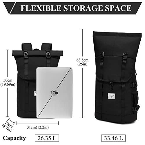 Kasqo Laptop Backpack For Men, 17 Inch Rolltop Large Capacity Water Resistant Travel Casual Daypack, Black #TOP1