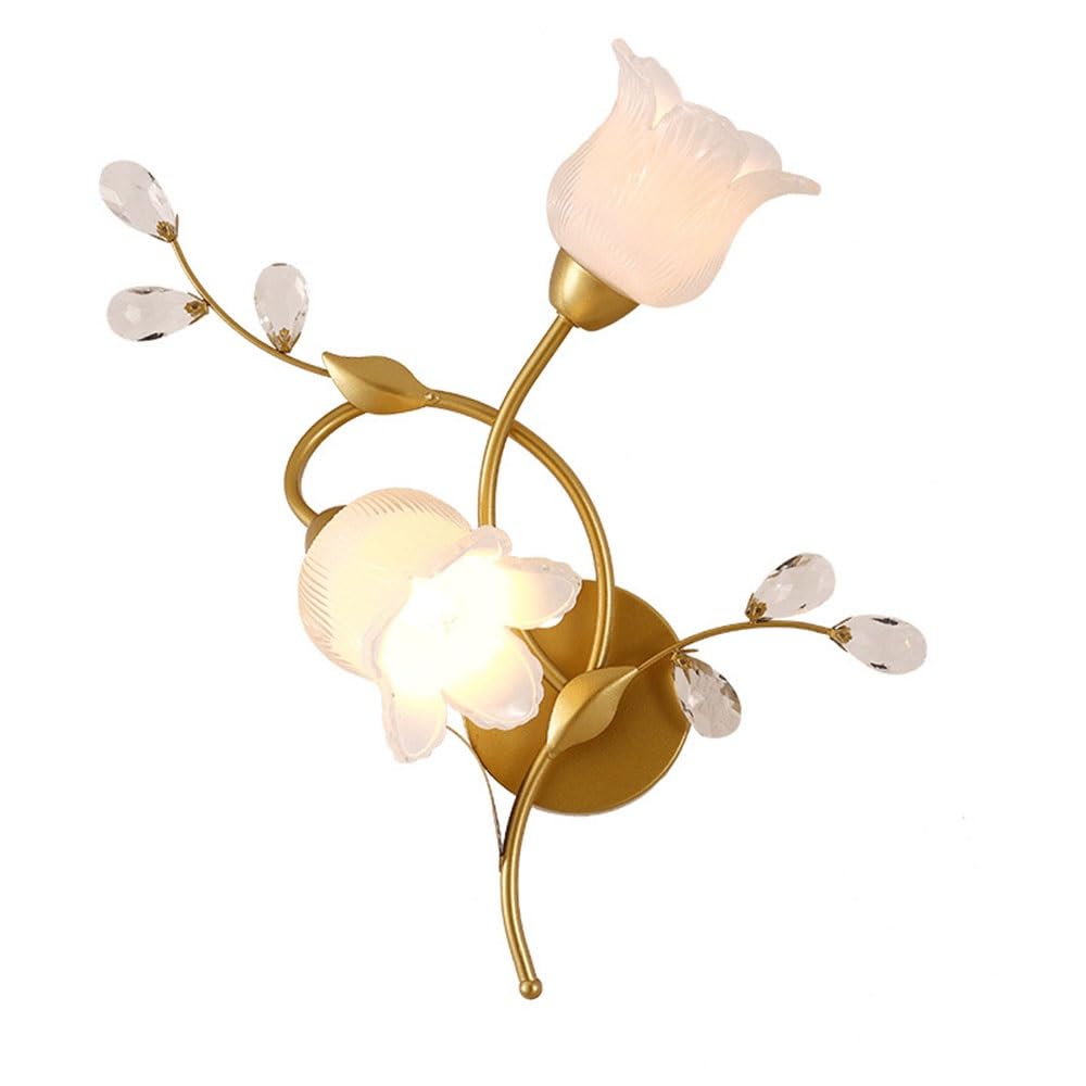 FEITENGDA Vintage Floral Shaped Gold Finish Wall Sconce French Frosted Flower Glass Shade Wall Lamp Modern 2 Light Crystal Accents Wall Light for Bedroom Living Room Hallway(Right)